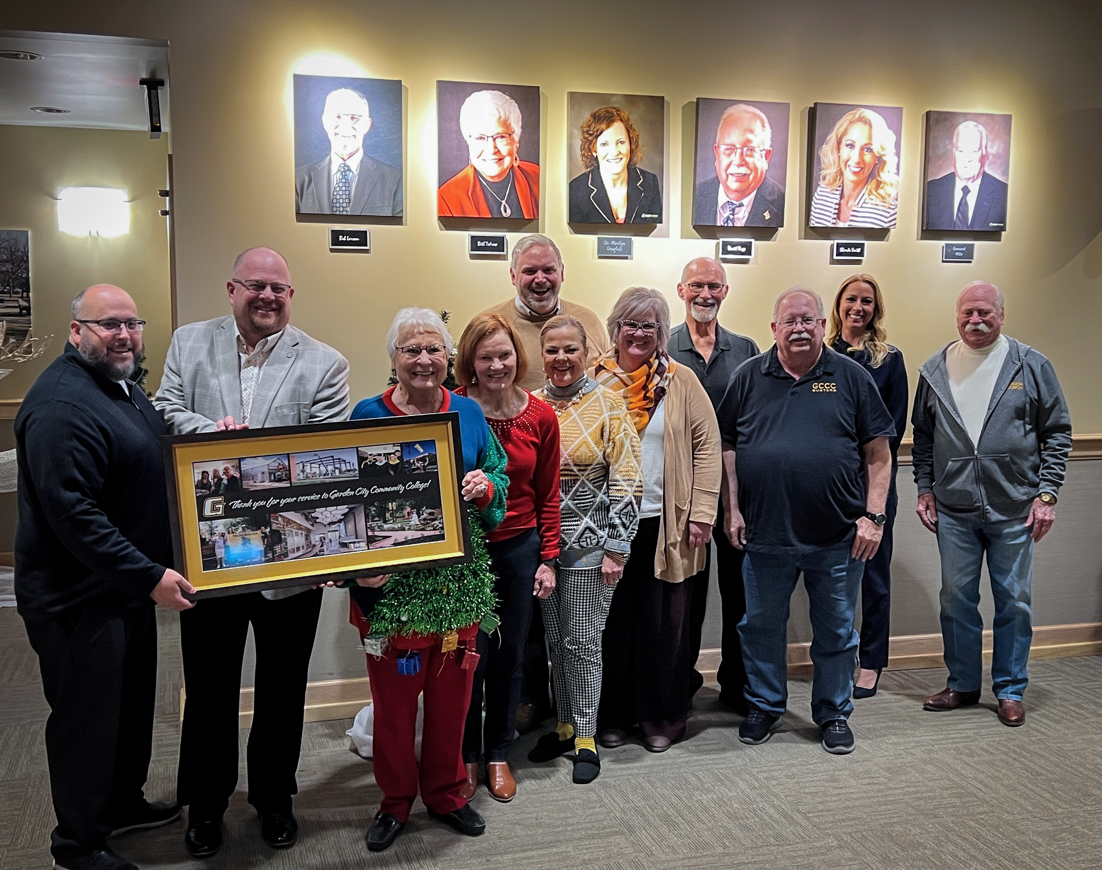 Front row from left, Colin Lamb, Vice President for Student Services and Athletics; Dr. Ryan Ruda, President; Beth Tedrow, Trustee; Dr. Merilyn Douglass, Trustee; Karla Armstrong, Vice President for Administration/CFO; Jodie Tewell, Executive Assistant to the President; David Rupp, Trustee; back row from left Dr. Marc Malone, Vice President for Instructional Services/CAO; Bob Larson, Trustee; Shanda Smith, Board Vice-Chair; Leonard Hitz, Board Chair