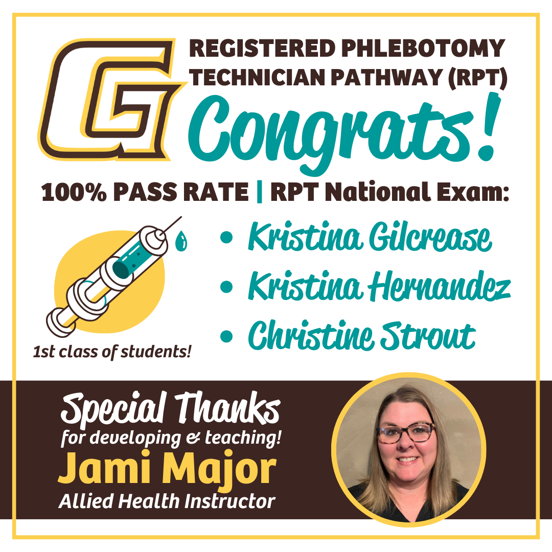Garden City Community College proudly announces the successful completion of the first class of students in the Registered Phlebotomy Technician pathway. Notably, all three students achieved a 100% pass rate on their first attempt of the national exam, a testament to their hard work and the quality of the pathway. This year, the first-ever Laboratory Diagnostic & Phlebotomy course was developed and taught by Jami Major, GCCC Allied Health Department instructor, for the Registered Phlebotomy Technician (RPT) pathway. The three passing students, Kristina Gilcrease, Kristina Hernandez, and Christine Strout, are now qualified to work anywhere in a U.S. CLIA-approved lab or testing center as Registered Phlebotomy Technicians. Garden City Community College proudly announces the successful completion of the first class of students in the Registered Phlebotomy Technician pathway. Notably, all three students achieved a 100% pass rate on their first attempt of the national exam, a testament to their hard work and the quality of the pathway. This year, the first-ever Laboratory Diagnostic & Phlebotomy course was developed and taught by Jami Major, GCCC Allied Health Department instructor, for the Registered Phlebotomy Technician (RPT) pathway. The three passing students, Kristina Gilcrease, Kristina Hernandez, and Christine Strout, are now qualified to work anywhere in a U.S. CLIA-approved lab or testing center as Registered Phlebotomy Technicians.