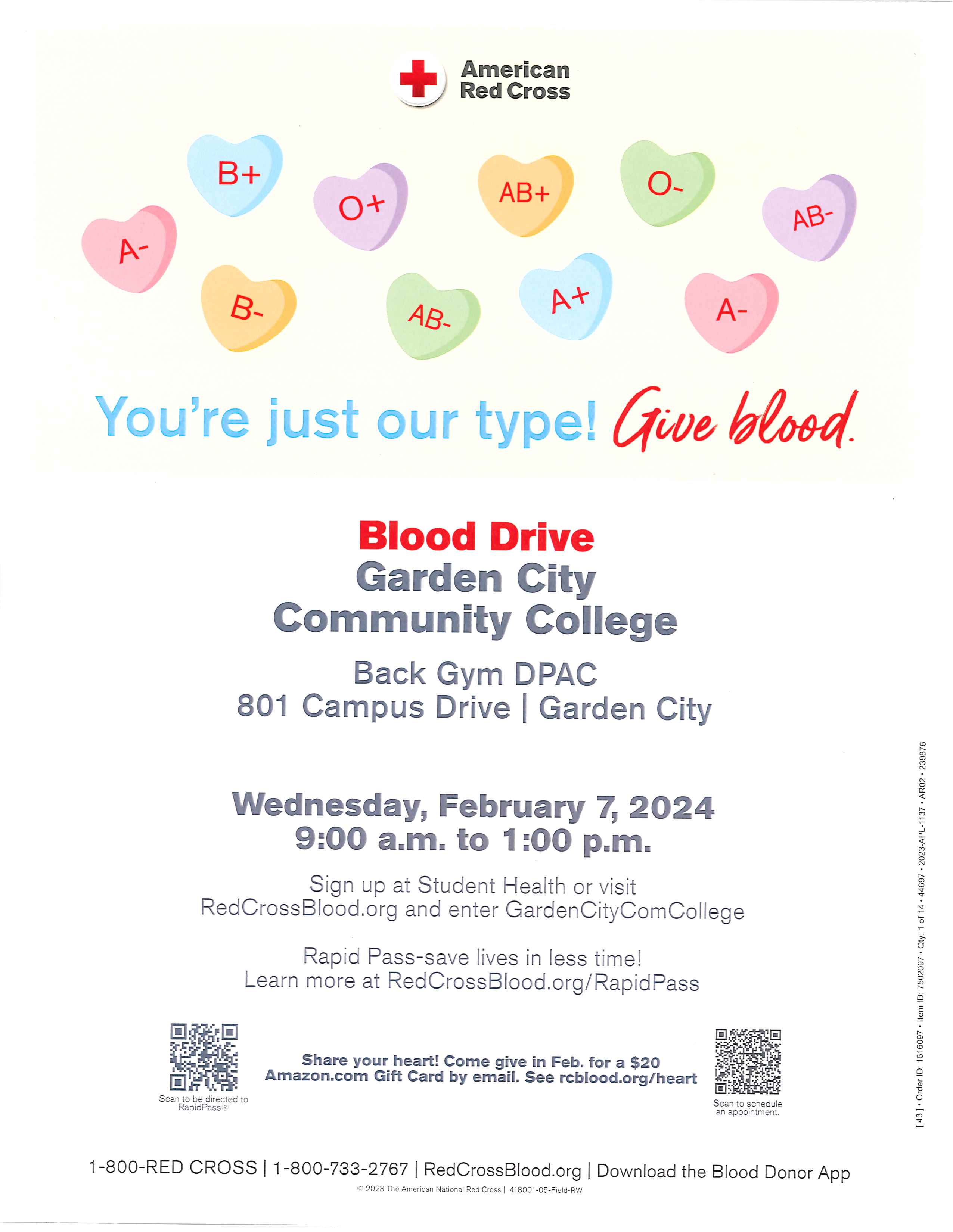 Garden City Community College is partnering with the American Red Cross to host a blood drive on Wednesday, February 7th from 9:00 AM to 1:00 PM in the Back Gym of the Dennis Perryman Athletic Complex at GCCC. Garden City Community College is partnering with the American Red Cross to host a blood drive on Wednesday, February 7th from 9:00 AM to 1:00 PM in the Back Gym of the Dennis Perryman Athletic Complex at GCCC.