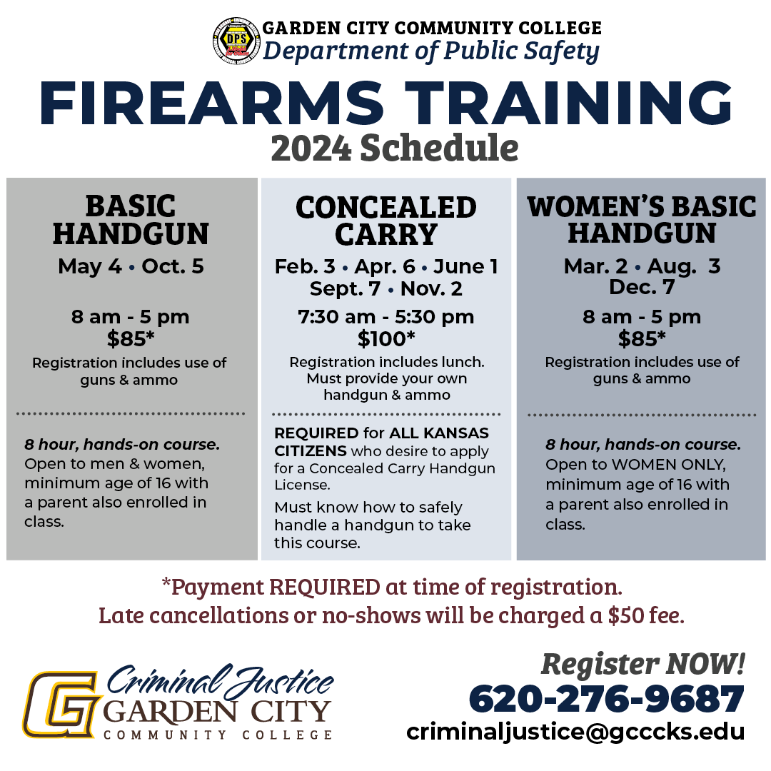 Anyone interested in registering for these upcoming courses should contact criminaljustice@gcccks.edu or call 620-276-9687 for more information.  