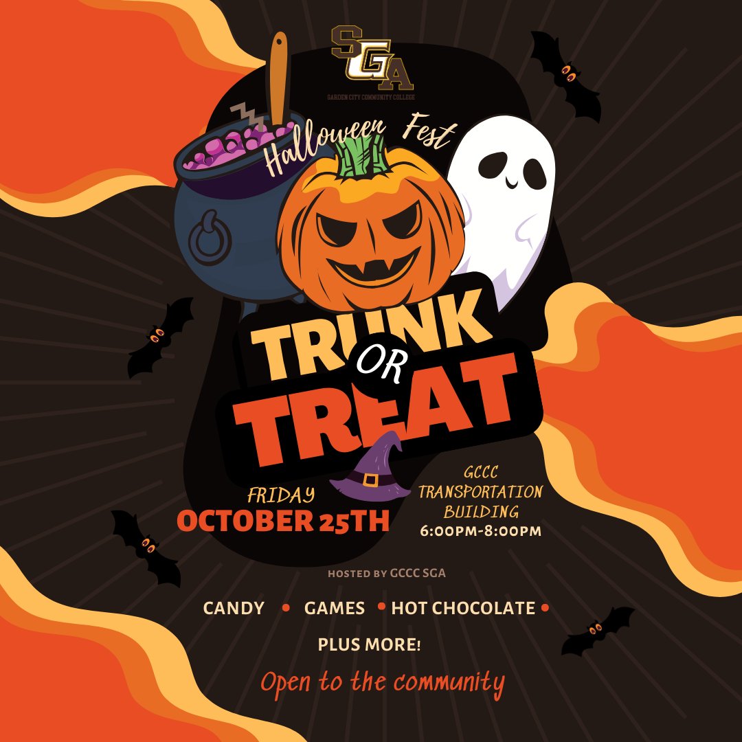 Garden City Community College’s Student Government Association (SGA) is thrilled to host the GCCC Halloween Fest Trunk or Treat on Friday, October 25, from 6 PM to 8 PM in the GCCC Transportation Building. Garden City Community College’s Student Government Association (SGA) is thrilled to host the GCCC Halloween Fest Trunk or Treat on Friday, October 25, from 6 PM to 8 PM in the GCCC Transportation Building.