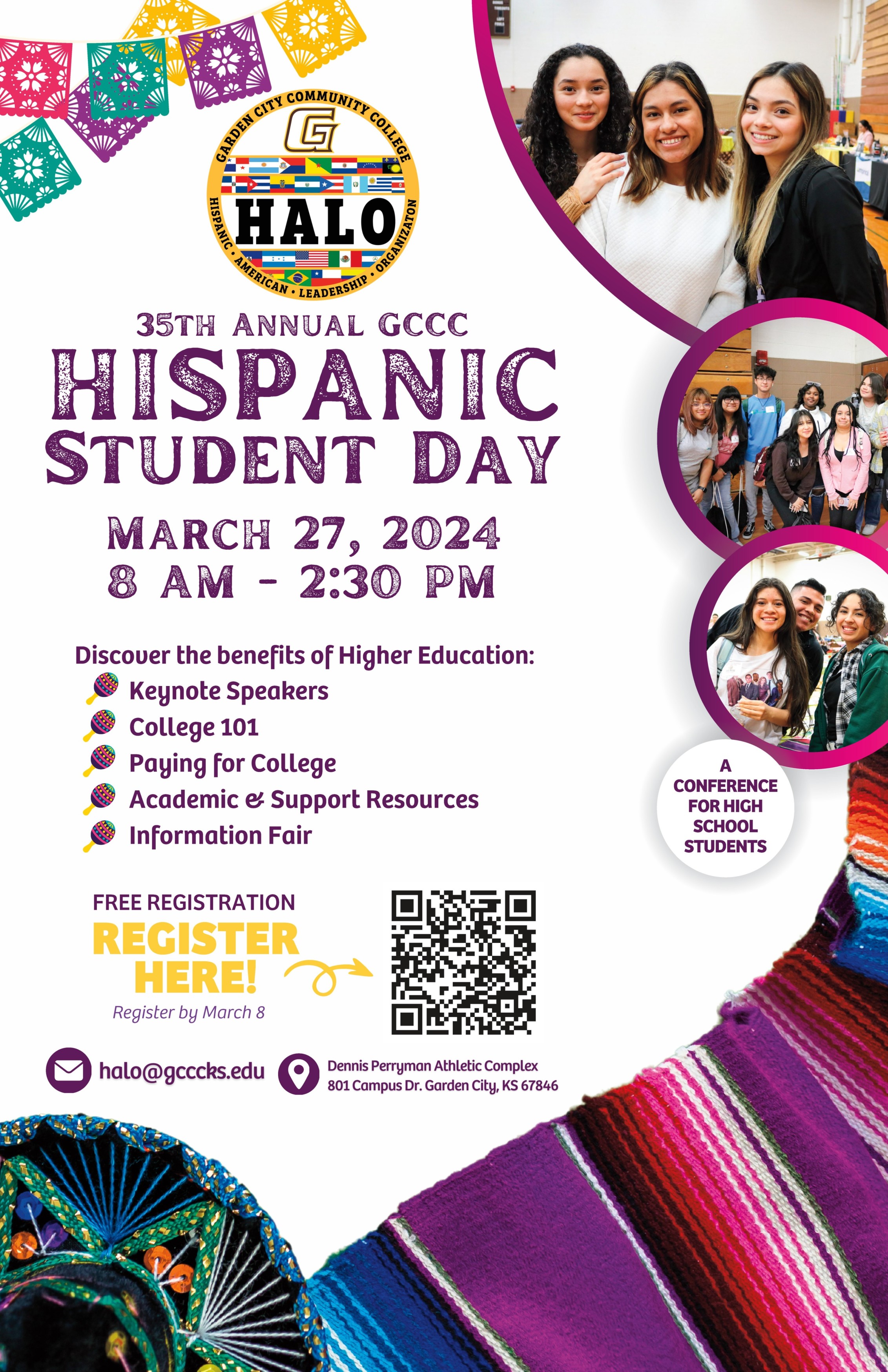 The GCCC Hispanic American Leadership Organization (HALO) will host the 35th Annual Hispanic Student Day on Wednesday, March 27, 2024, from 8:00 a.m. to 2:30 p.m. in the Dennis Perryman Athletic Complex at GCCC. The GCCC Hispanic American Leadership Organization (HALO) will host the 35th Annual Hispanic Student Day on Wednesday, March 27, 2024, from 8:00 a.m. to 2:30 p.m. in the Dennis Perryman Athletic Complex at GCCC.