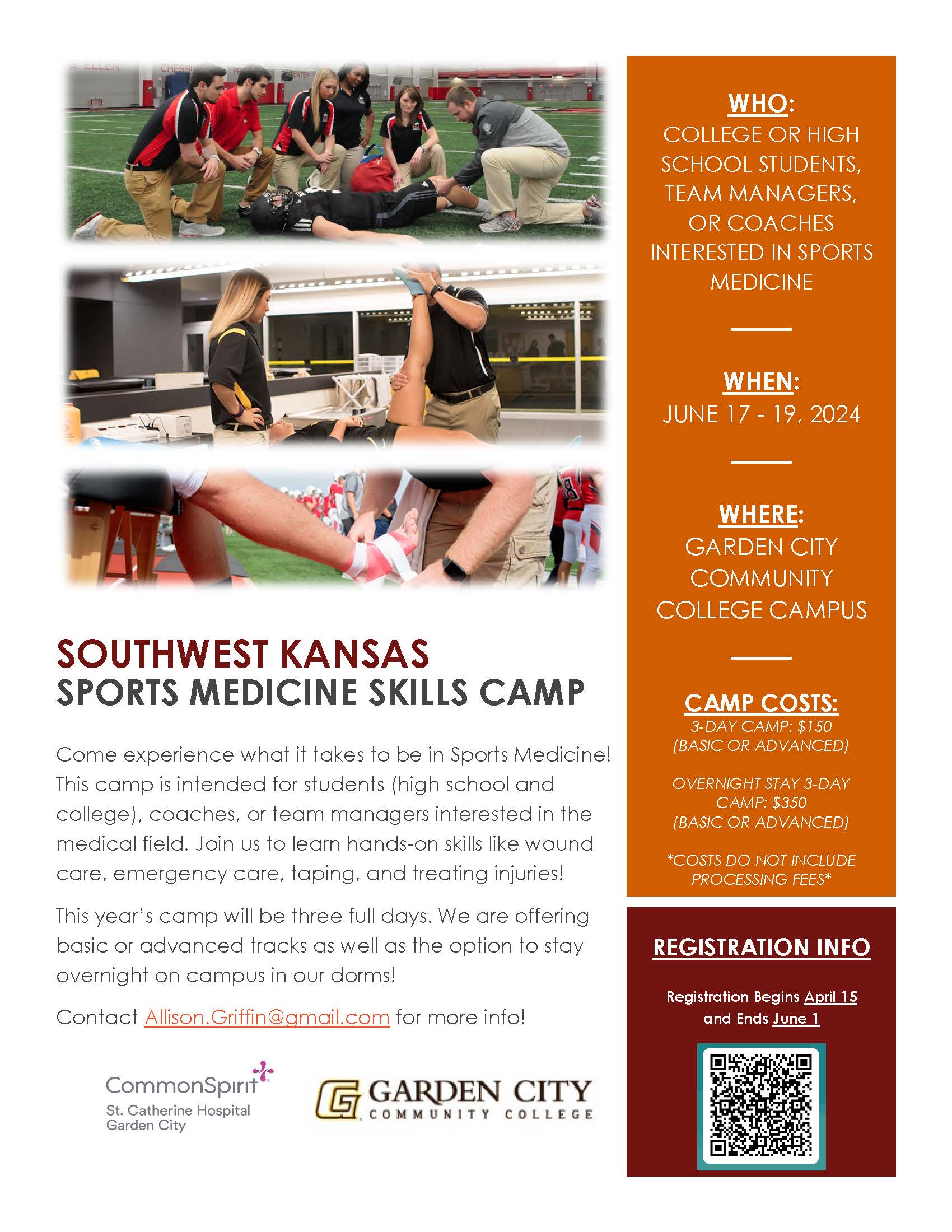 Garden City Community College Sports Medicine Department will host the Southwest Kansas Sports Medicine Skills Camp, scheduled to take place from June 17th to June 19th, 2024, on the GCCC Campus. Garden City Community College Sports Medicine Department will host the Southwest Kansas Sports Medicine Skills Camp, scheduled to take place from June 17th to June 19th, 2024, on the GCCC Campus.