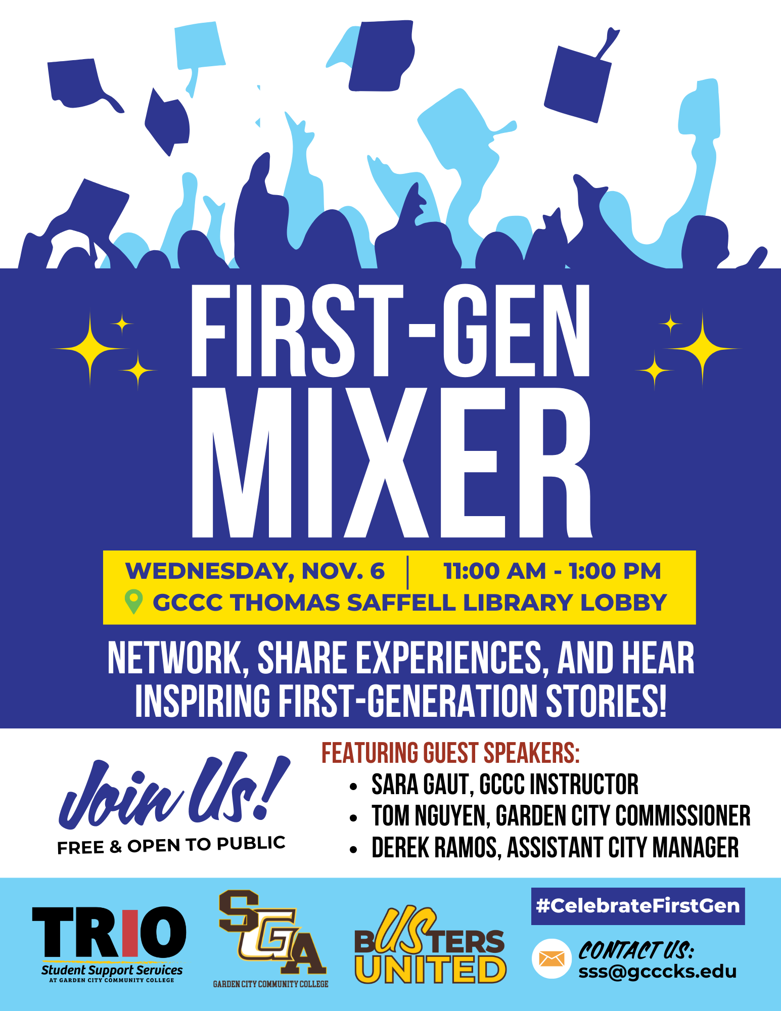 GCCC Student Support Services TRIO Program to Host First-Generation Mixer on November 6th The Student Support Services (SSS) TRIO program at Garden City Community College (GCCC) is excited to host a First-Generation Mixer on November 6th, 2024, from 11:00 AM to 1:00 PM. The event will take place in the Thomas Saffell Library Lobby and is open to GCCC students, employees, and community members.