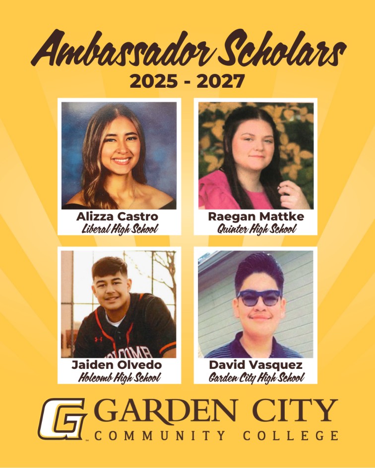 Images of the 2025-2027 Ambassador Scholars: Alizza Castro (Liberal High School), Raegan Mattke (Quinter High School), Jaiden Olvedo (Holcomb High School), and David Vasquez (Garden City High School).