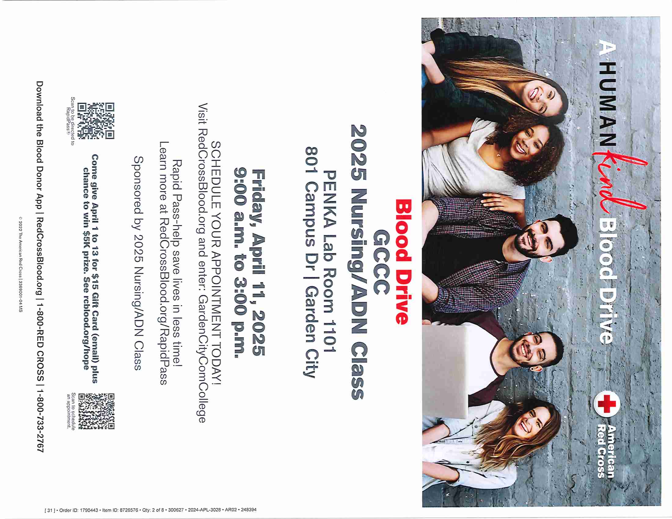 The Garden City Community College ADN Nursing Class is partnering with the American Red Cross to host a blood drive on Friday, April 11th  from 9:00 AM to 3:00 PM in the PENKA Building, Lab Room 1101, at GCCC. 