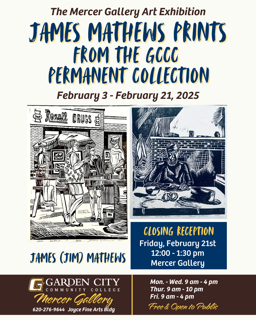 – The Mercer Gallery at Garden City Community College (GCCC) is thrilled to showcase a unique collection of hand-pulled prints by Garden City Legacy Artist James “Jim” Mathews. The exhibition will be on display from Monday, February 3rd, through Friday, February 21st, with a closing reception on February 21st from 12:00 to 1:30 p.m. in the Mercer Gallery. Light refreshments will be provided, and the event is free and open to the public.