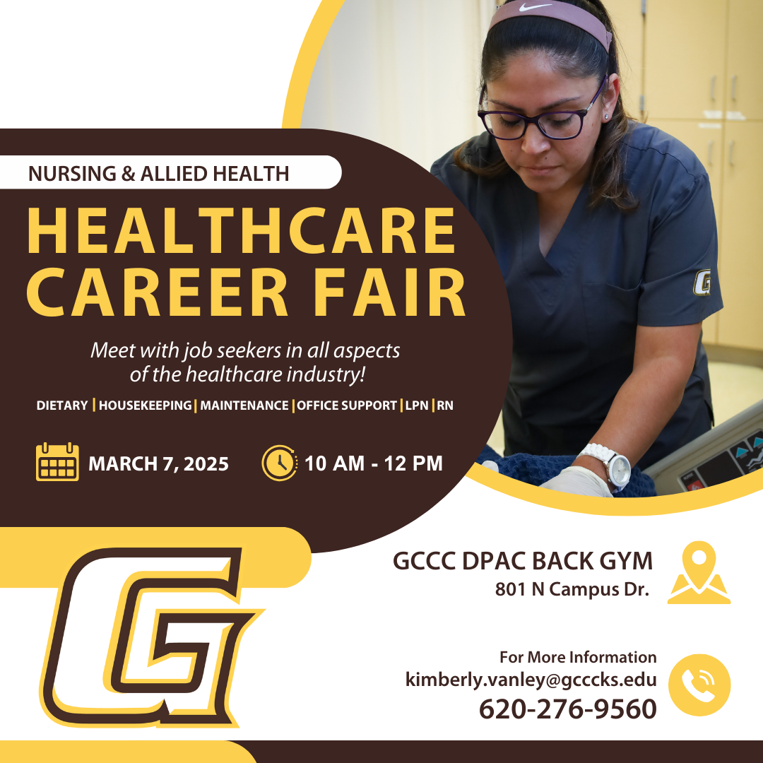 Garden City Community College’s Nursing and Allied Health Departments will host the annual Healthcare Career Fair on March 7, 2025, from 10:00 AM to 12:00 PM in the East Gym of the Dennis Perryman Athletic Complex at Garden City Community College.  