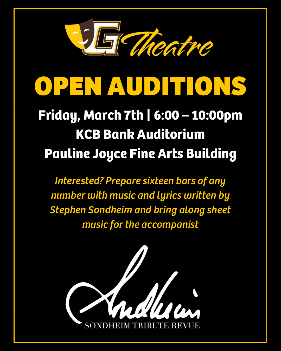 Garden City Community College is holding open auditions for a production featuring a night of musical numbers from the celebrated Broadway composer Stephen Sondheim, the SONDHEIM TRIBUTE REVUE, next Friday March 7th, from 6:00 – 10:00pm in the KCB Bank Auditorium, Pauline Joyce Fine Arts Building. Those who are interested in auditioning should prepare sixteen bars of any number with music and lyrics written by Stephen Sondheim and bring along sheet music for the accompanist