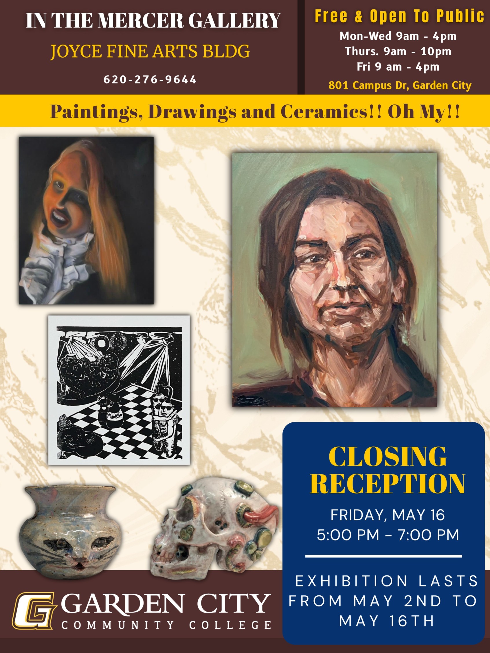 Garden City Community College’s Mercer Gallery proudly announces the opening of its annual Student Art Show, Paintings, Drawings, and Ceramics!! Oh My!!, showcasing artistic talent from GCCC’s art students. The exhibition will run from May 2 through May 16, 2025, in the Mercer Gallery, located in the Pauline Joyce Fine Arts Building on campus.