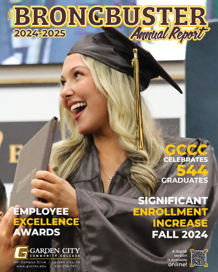 GCCC 2024–2025 Annual Report cover featuring a graduate in cap and gown holding a diploma, highlighting 544 graduates, employee excellence awards, and enrollment growth.