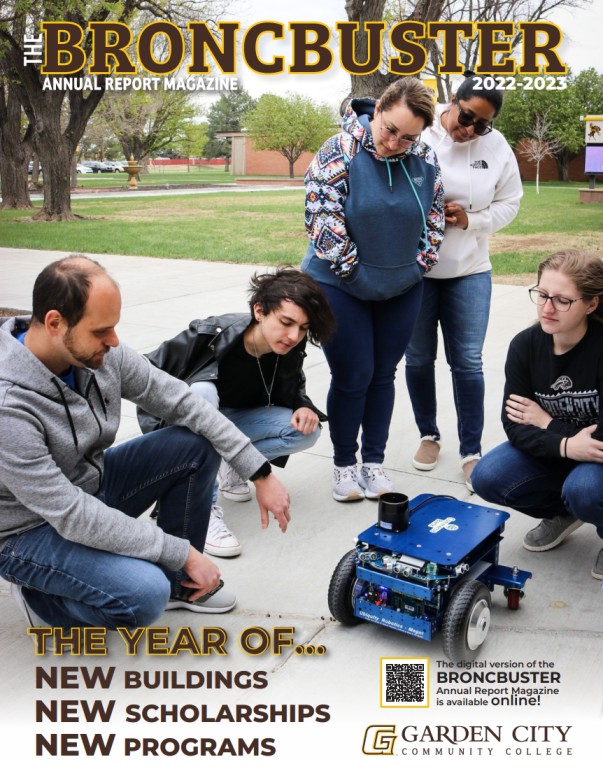 Cover of the “Broncbuster Annual Report Magazine 2022–2023” showing students gathered around a small robot outdoors at Garden City Community College.
