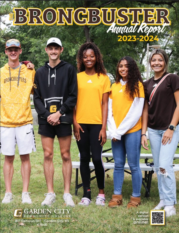 Cover of the “Broncbuster Annual Report 2023–2024” showing five students standing outdoors with Garden City Community College branding.