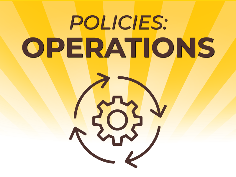 Graphic with text “Policies: Operations” and gear with circular arrows on a yellow background.