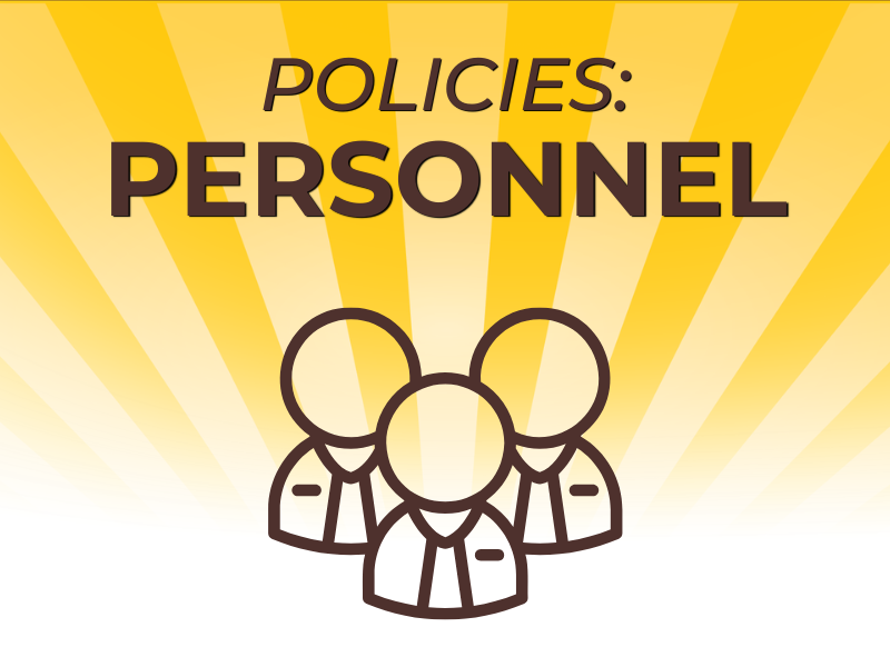Graphic with text “Policies: Personnel” and icon of three people on a yellow background.
