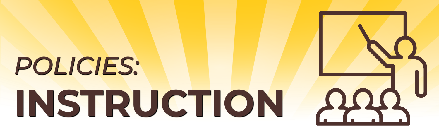 Graphic with text “Policies: Instruction” and icon of a person teaching a class on a yellow background.