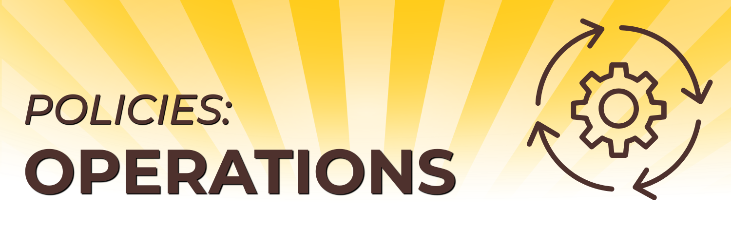 Graphic with text “Policies: Operations” and gear with circular arrows on a yellow background.