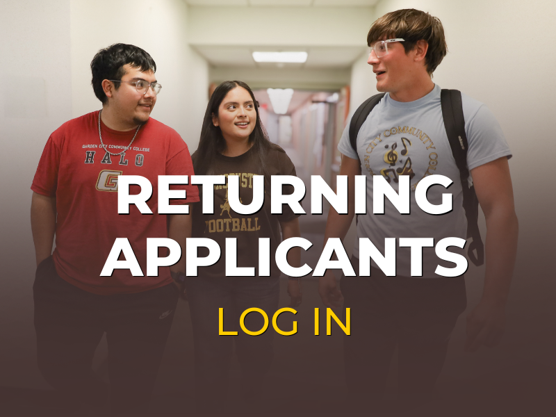 Three students walking in a campus hallway with text overlay: “Returning Applicants – Log In.”