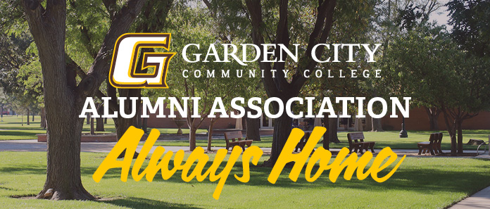 “Garden City Community College Alumni Association — Always Home” over a tree-lined campus scene.