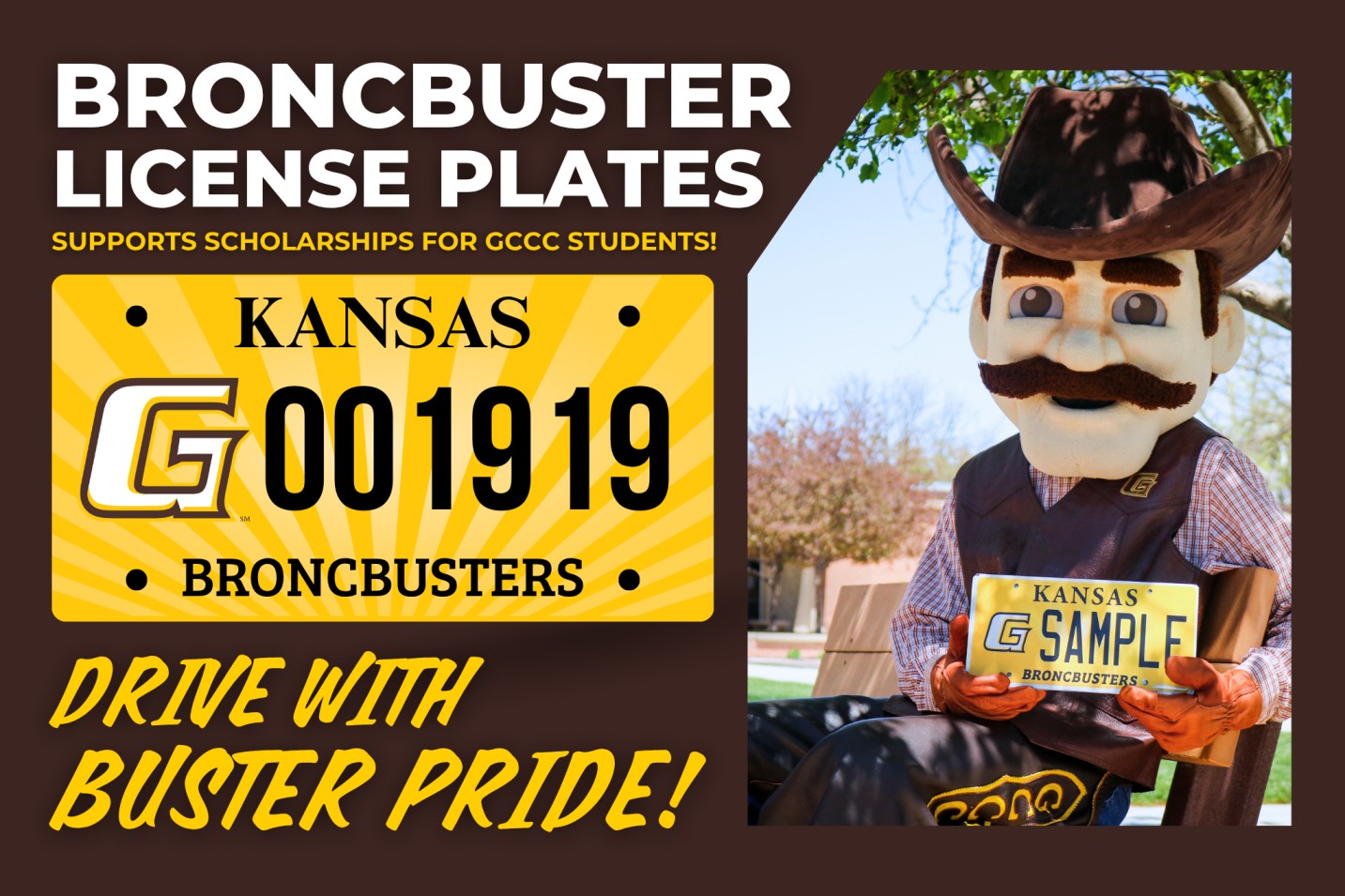 Graphic promoting Garden City Community College BroncBusters license plates with mascot holding a sample plate.