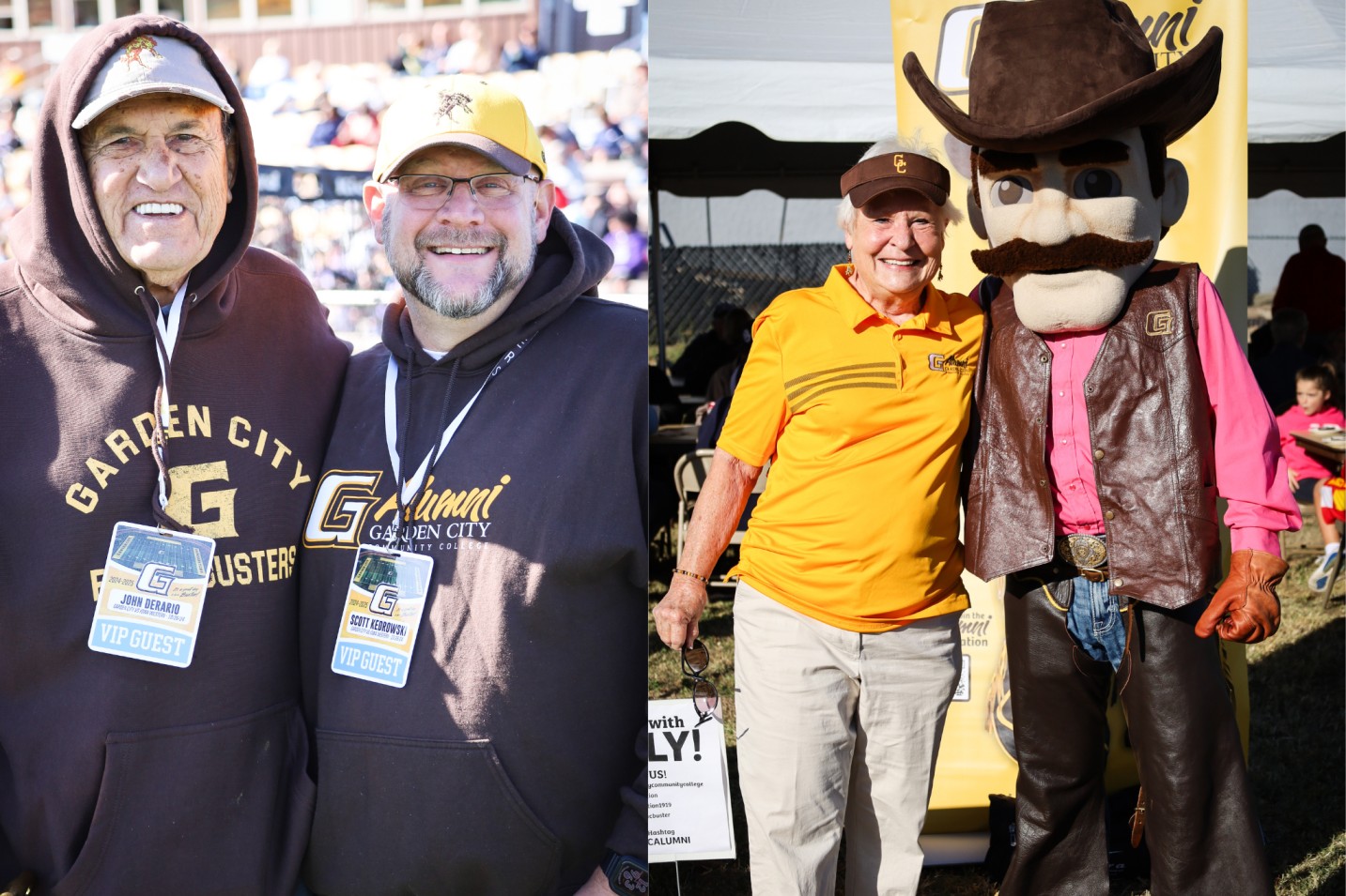 Two side-by-side photos of GCCC alumni wearing school apparel and VIP badges, including one with the college mascot.
