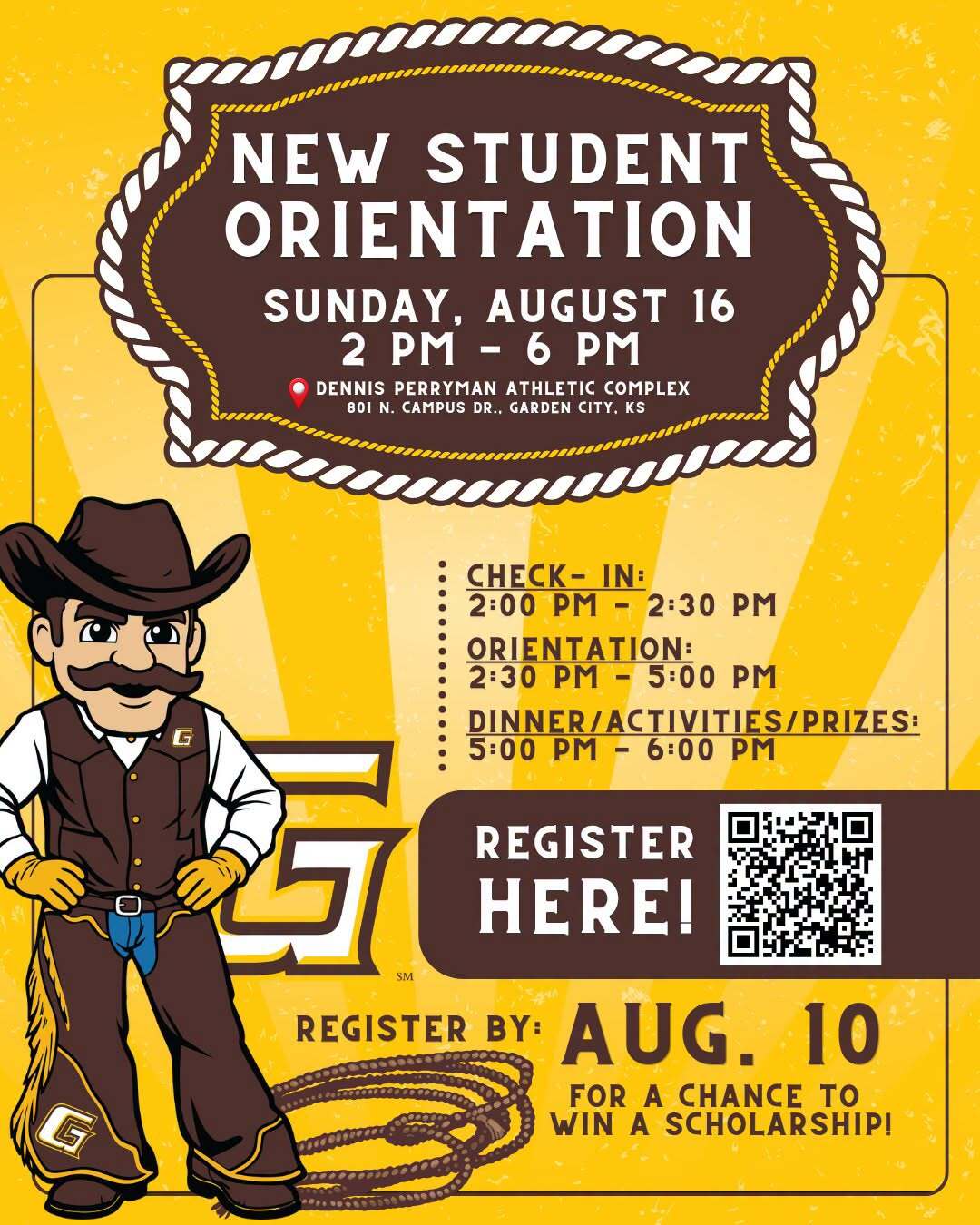 Graphic promoting Garden City Community College New Student Orientation on Aug. 16 at the Dennis Perryman Athletic Complex, featuring event schedule, registration QR code, scholarship prize opportunity, and a Broncbuster mascot illustration.