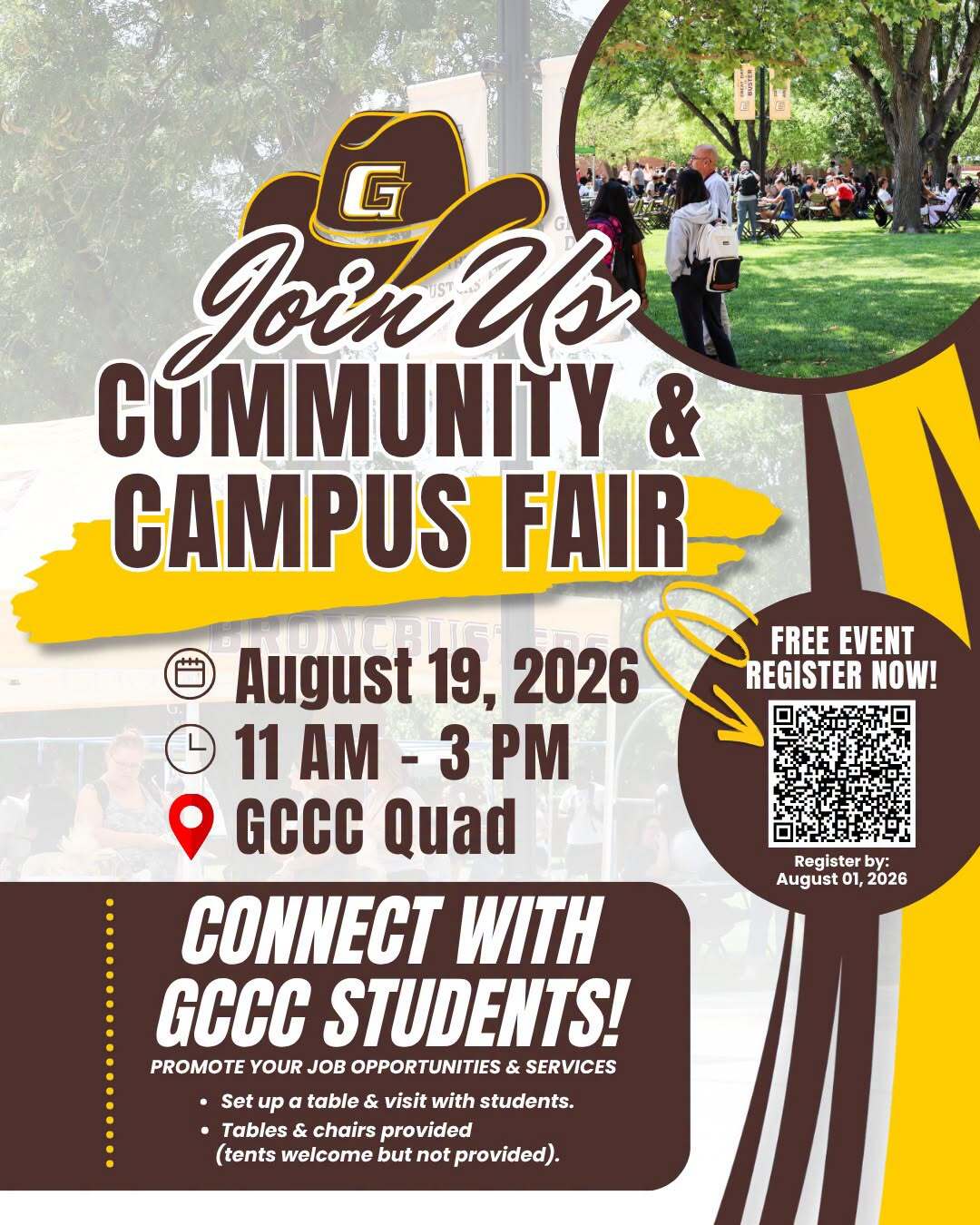 Promotional flyer for GCCC's Community & Campus Fair on August 19, 2026, from 11 a.m. to 3 p.m. at the GCCC Quad, inviting organizations to connect with students and promote jobs and services.