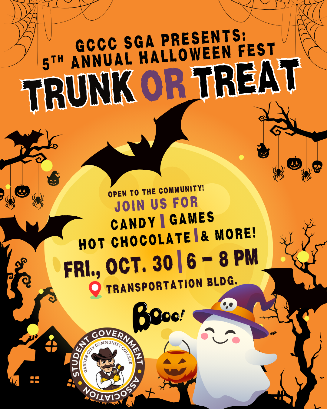 Halloween-themed Trunk or Treat event flyer featuring bats, pumpkins, a ghost, and event details for Oct. 30 from 6-8 p.m. at the Transportation Building.
