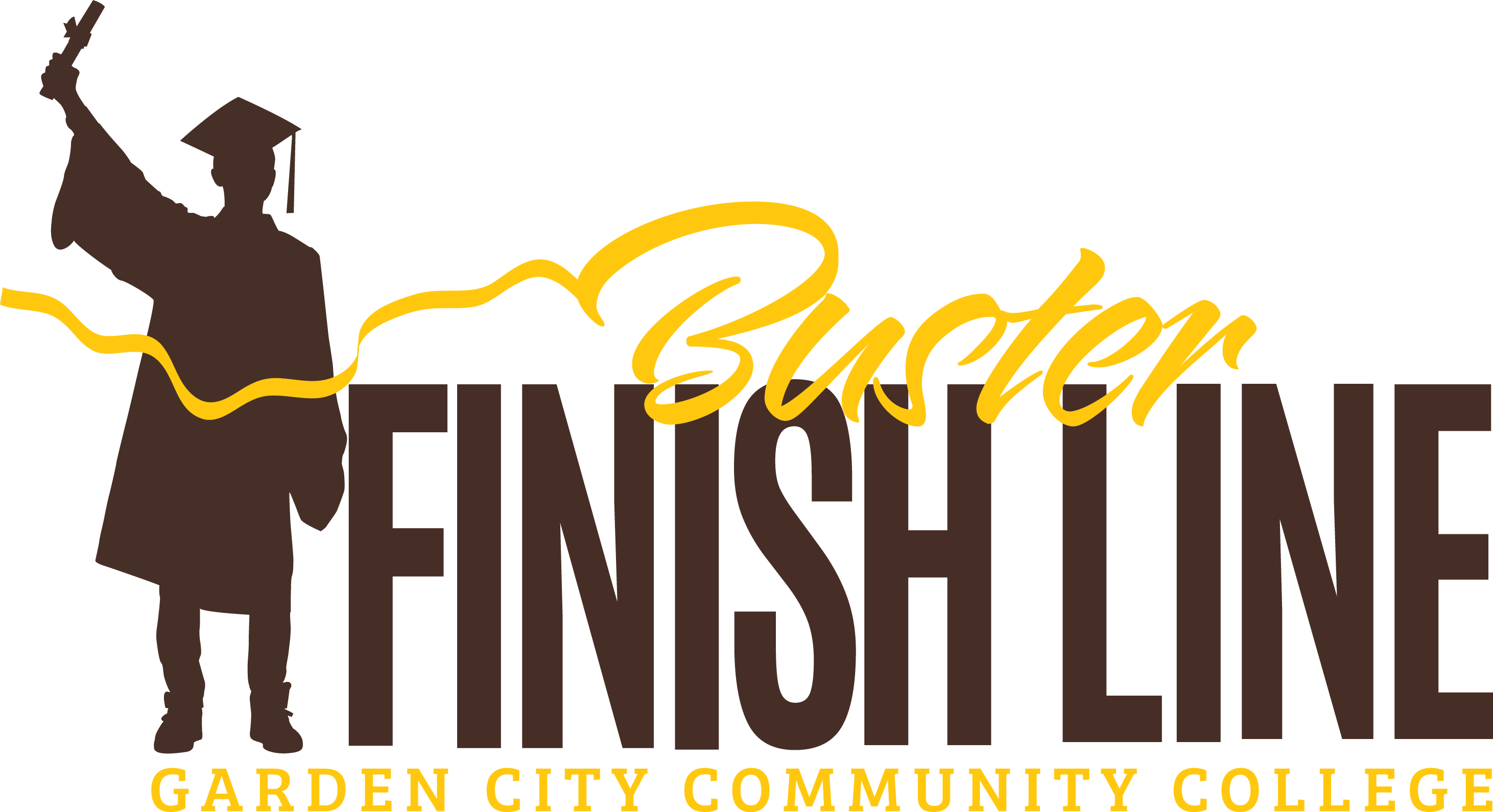 Buster Finish Line logo featuring a graduate silhouette raising a diploma above the words “Buster Finish Line” and “Garden City Community College.”