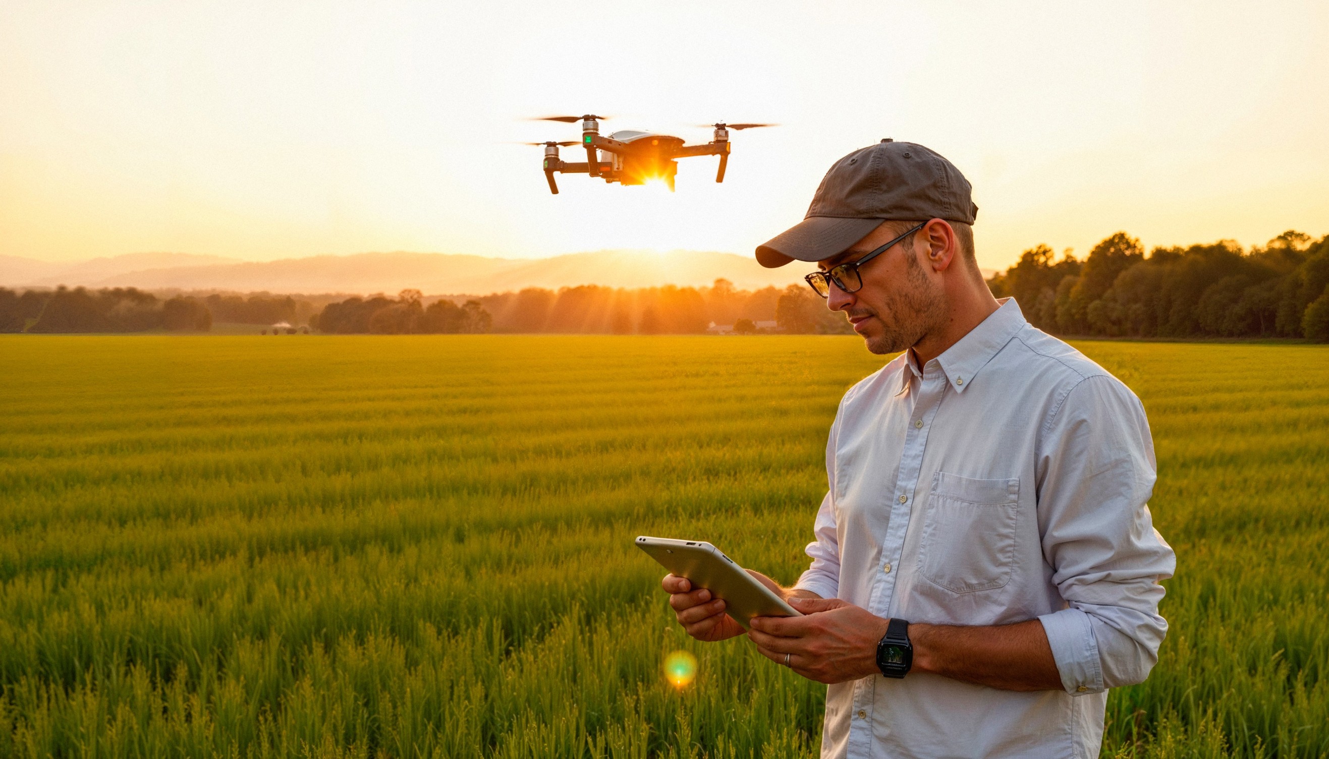 Person using a tablet in a crop field at sunset while a drone flies overhead for agricultural monitoring.