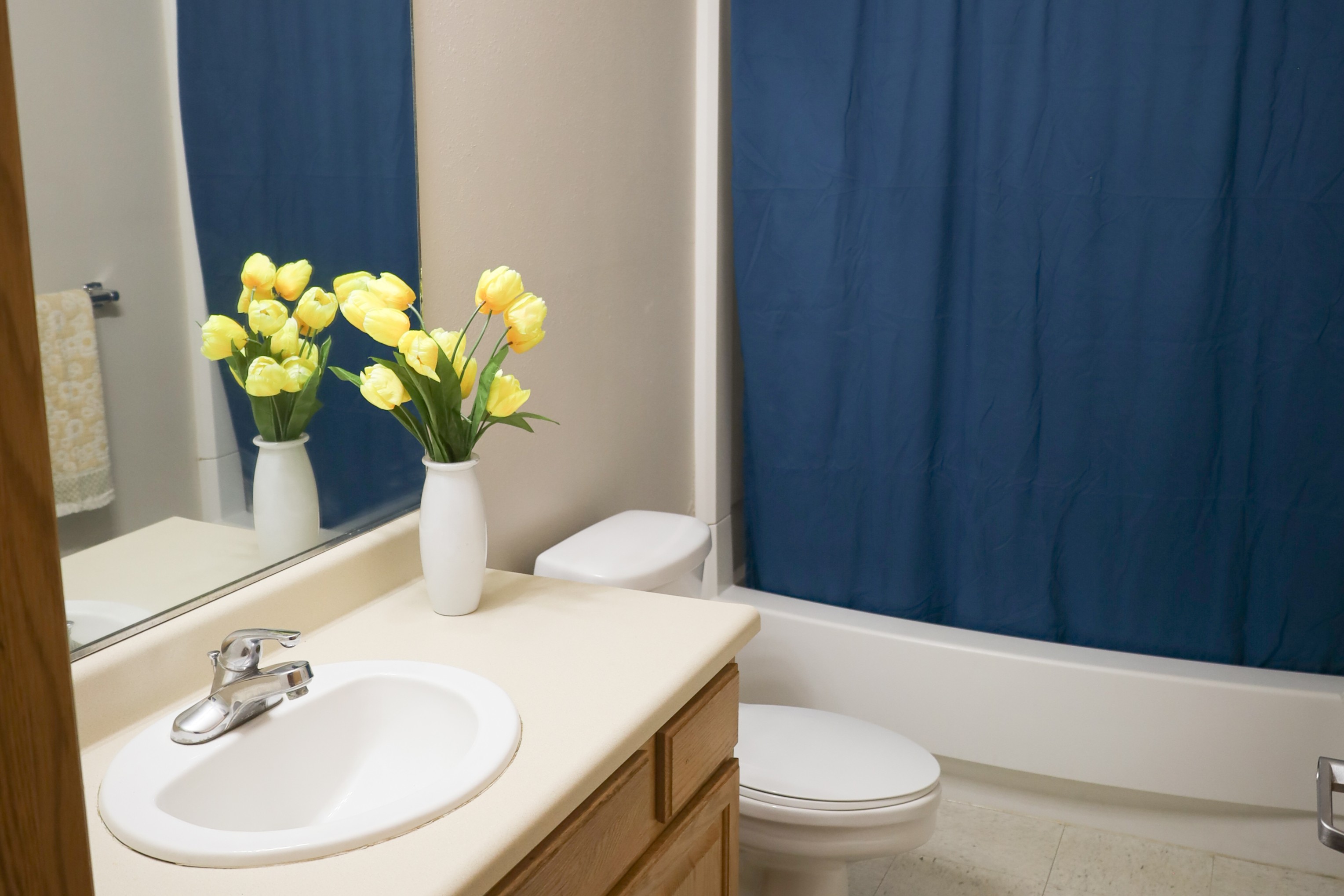 Bathroom with sink and mirror, white toilet, blue shower curtain over tub, and a vase of yellow flowers on the counter.