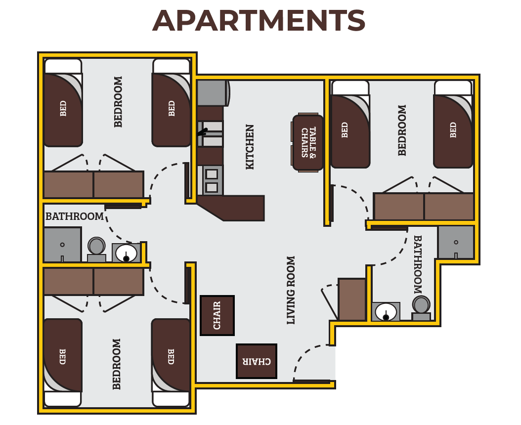 Apartment floor plan showing a central living room, kitchen with table, two bathrooms, and four bedrooms each with two beds.