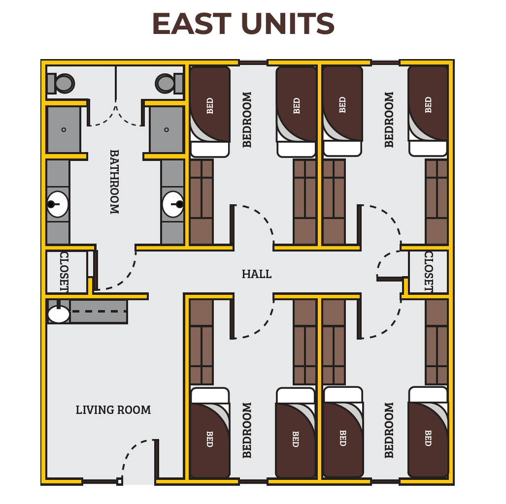 East Units floor plan showing four bedrooms with two beds each, a central hall, shared bathroom with sinks and toilets, closets, and a separate living room area.