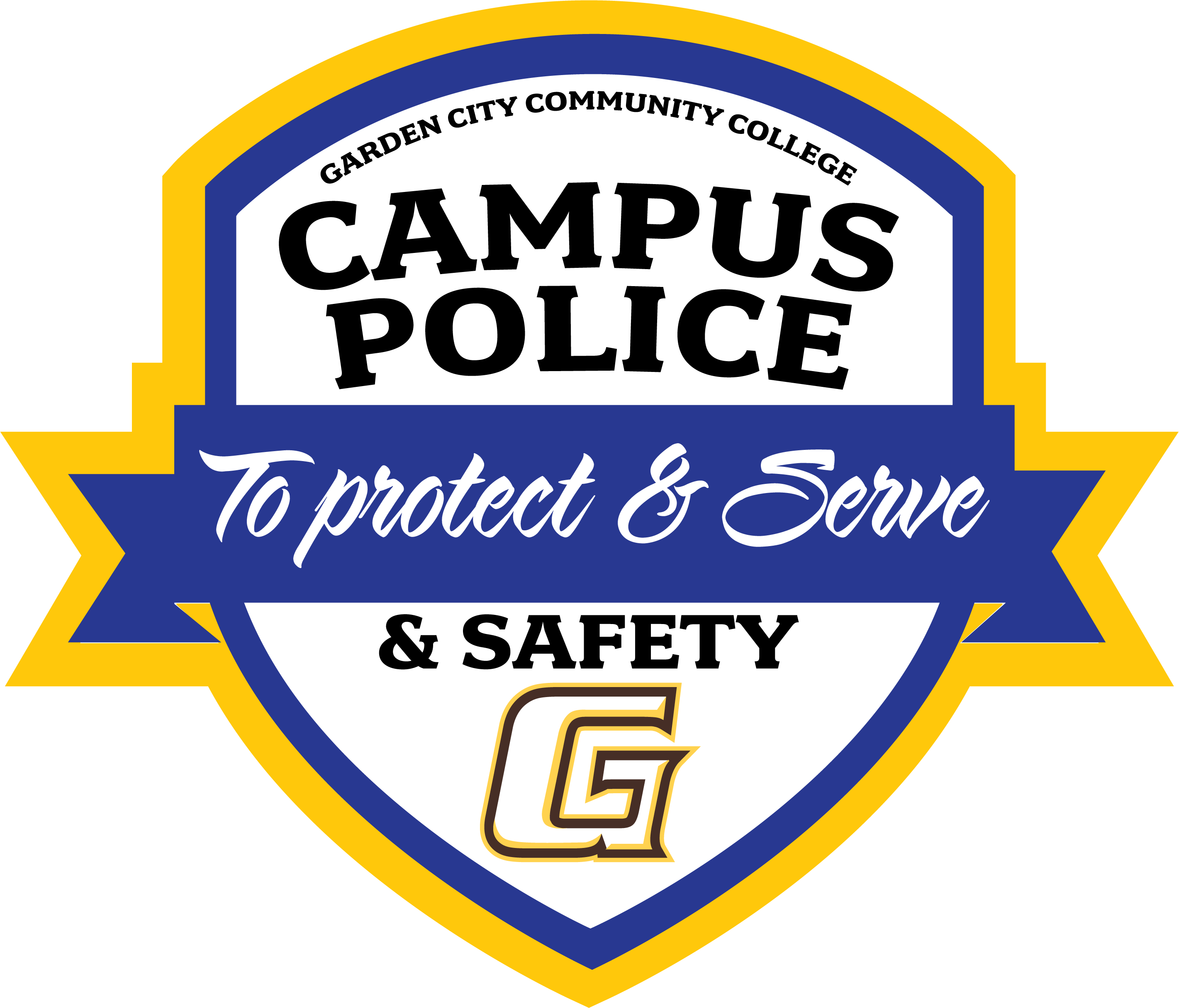 Garden City Community College campus police badge logo with “To Protect & Serve & Safety” and G emblem.